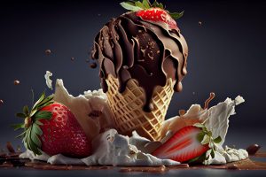 ice cream dessert with strawberry and chocolate sauce ,generative artificial intelligence